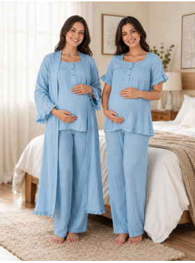 Effort İndigo Müslin Kumaş %100 Pamuk Hamile Lohusa Pijama Takımı Sabahlık 3084
